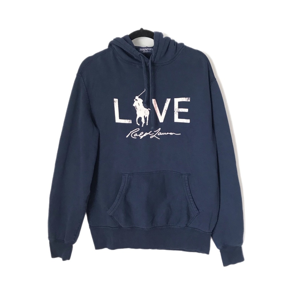 Polo Ralph Lauren Men's Pink Pony Navy Blue Hoodie Logo Sweatshirt Size Medium